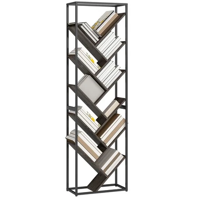 HOMCOM 10 Tier Tree Bookshelf Industrial Tall Bookcase Grey Refurbished - Image 1 of 4