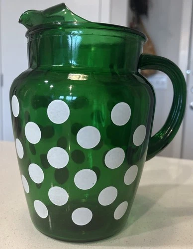 Anchor Hocking Fire King Forest Green Polka Dot 2 QT Pitcher VTG 1950's MCM EUC