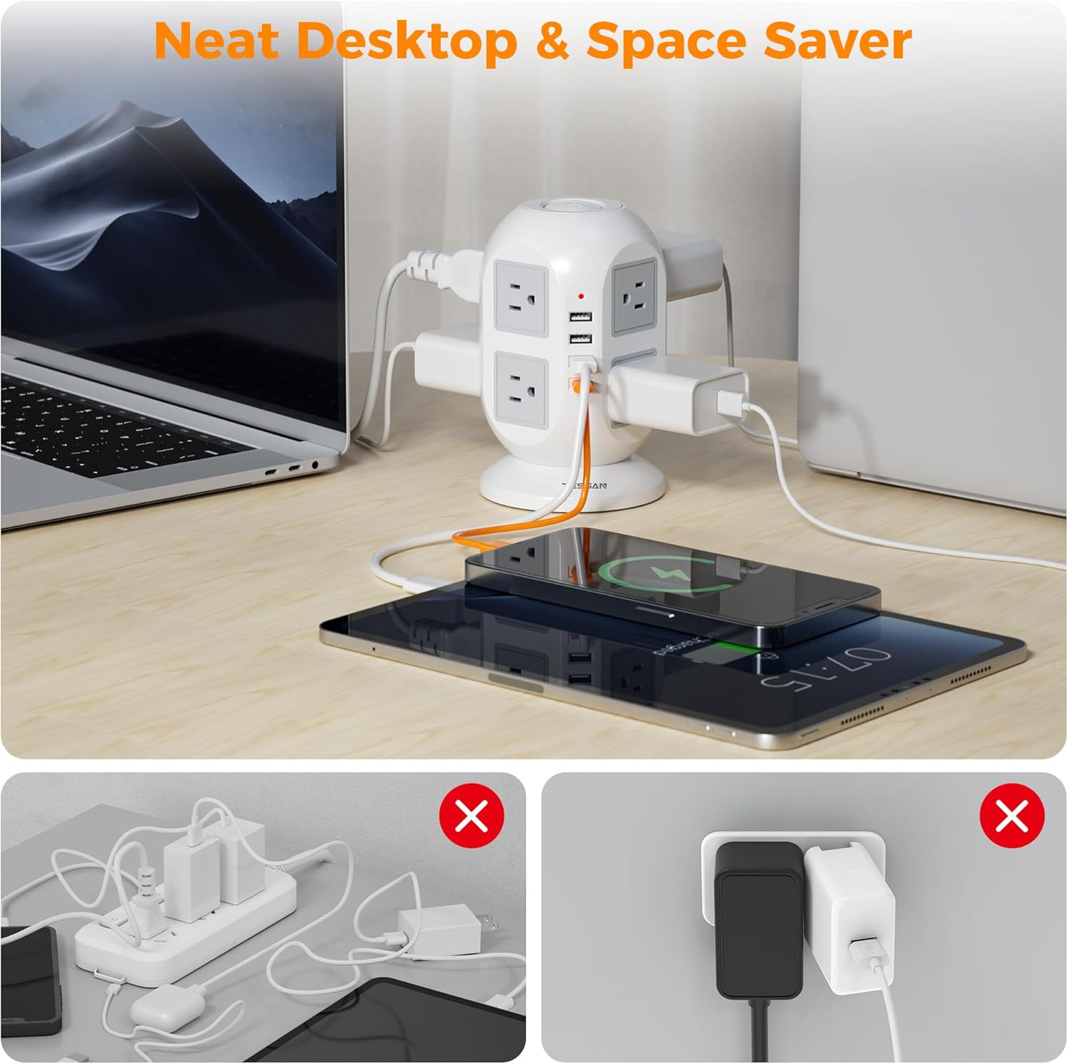 TESSAN Tower Surge Protector Power Strip 10 Ft, Long Flat Extension Cord with Mu