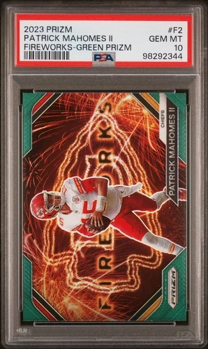 2023 PANINI PRIZM FIREWORKS GREEN PRIZM #F2 PATRICK MAHOMES II PSA 10