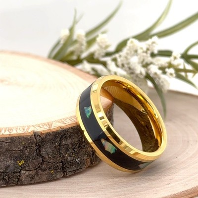 8mm Yellow Gold Tungsten Ring Black Opal Inlay Scratch-Proof Christmas Gift Band