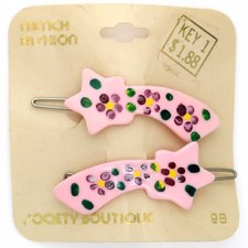NOS 70s 80s Vintage Pink Lucite Hair Clip Barrette Shooting Star Painted Flower