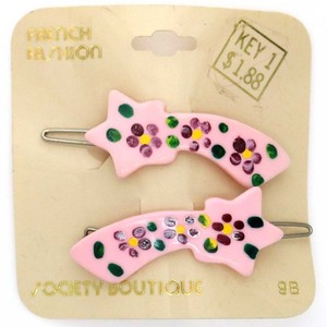 NOS 70s 80s Vintage Pink Lucite Hair Clip Barrette Shooting Star Painted Flower