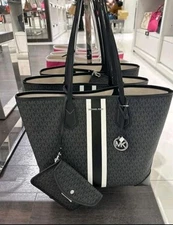 MICHAEL KORS EVA LARGE TOTE TRAVEL BAG + 1 POUCH CENTER STRIPE MK BLACK MULTI