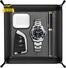 Valet Tray Desktop Storage Organizer - Multi-Use PU Leather Catchall Tray Bedsid