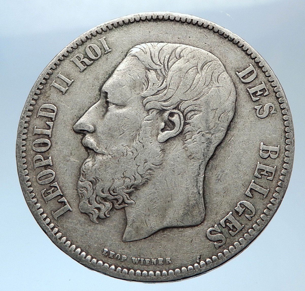 1873 BELGIUM with King LEOPOLD II and LION Antique Silver 5 Francs