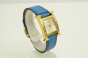 Authentic Authentic Hermes Blue Leather Gold Plated H Logo 29mm Watch Sunburst HH1.201