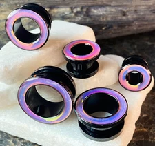 PAIR Rainbow Iridescent Rimmed Black Screw Fit Tunnels Earlets Gauges Plugs