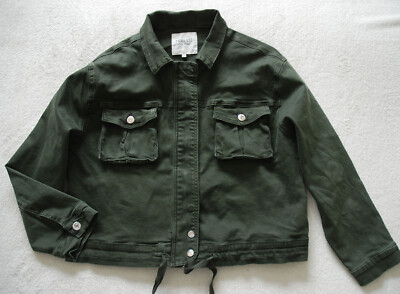 HAILYS Love Denim Crop Zip Up Collared Jacket Dark Green size XL