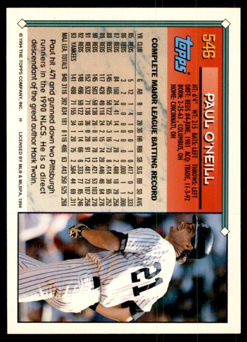 1994 Topps Paul O'Neill Baseball Cards #546 | eBay