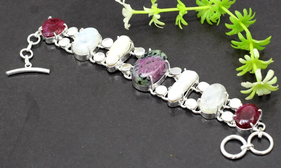 Ruby in zoisite Gemstone 925 Sterling Silver Handmade Jewelry Bracelet Size-7-8" - Image 2 of 4