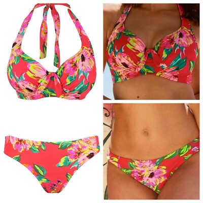 Pour Moi Heatwave rot rosa tropisches Bikini-Set UK 32 C DD Slips UK 8