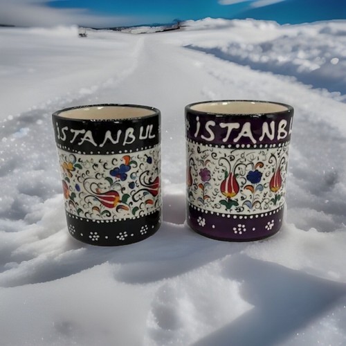 Hand Painted Set of 2 Istanbul Turkey Floral Arts Ceramic Coffee Mug