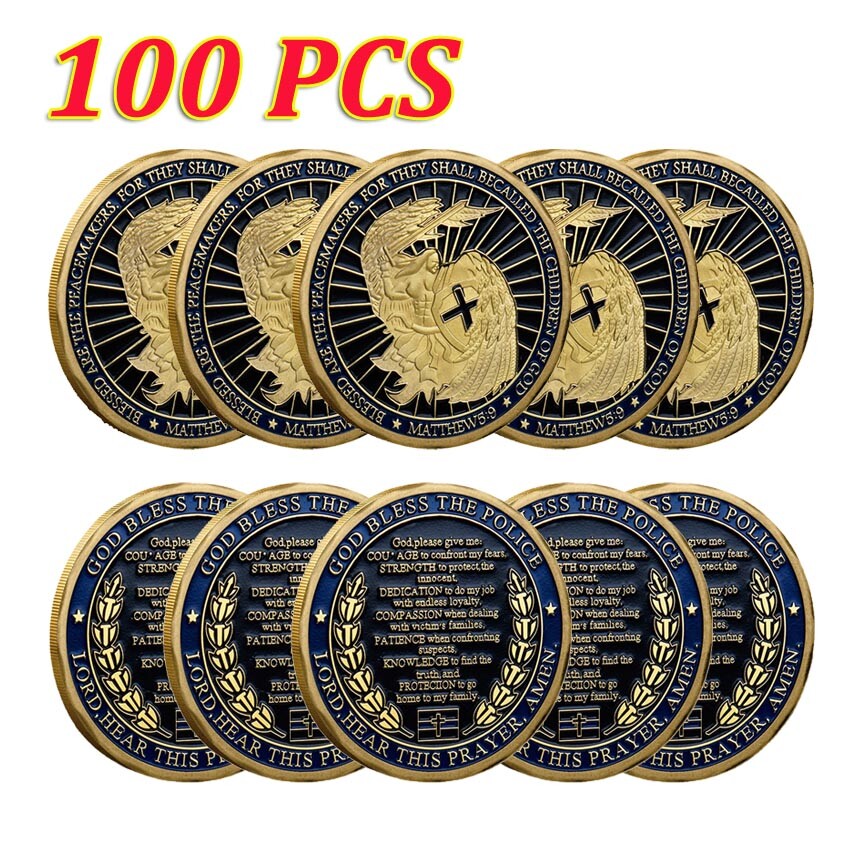 100PCS God Bless Gold Enforcement Challenge Coin Saint Michael Law Commemorative