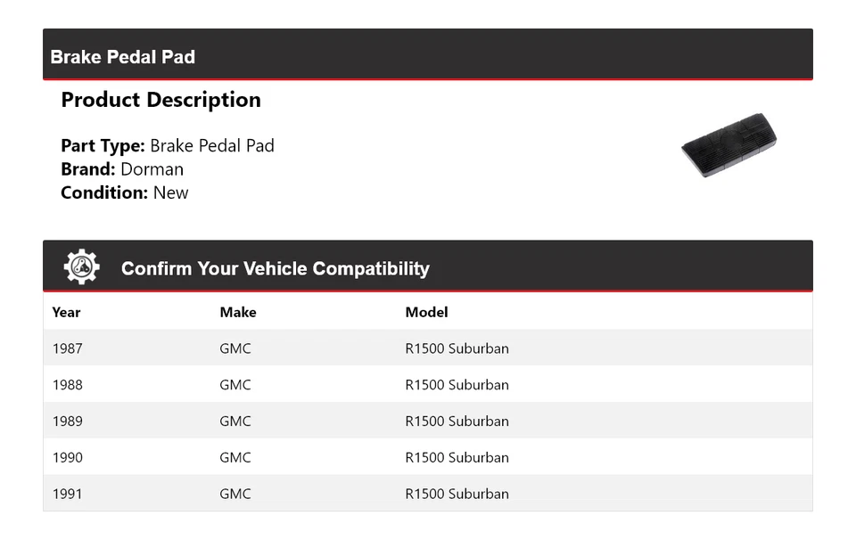 Pastilla de pedal de freno Suburban Dorman 1987-1991 GMC R1500 1988 1989 1990 Foto 2 de 4