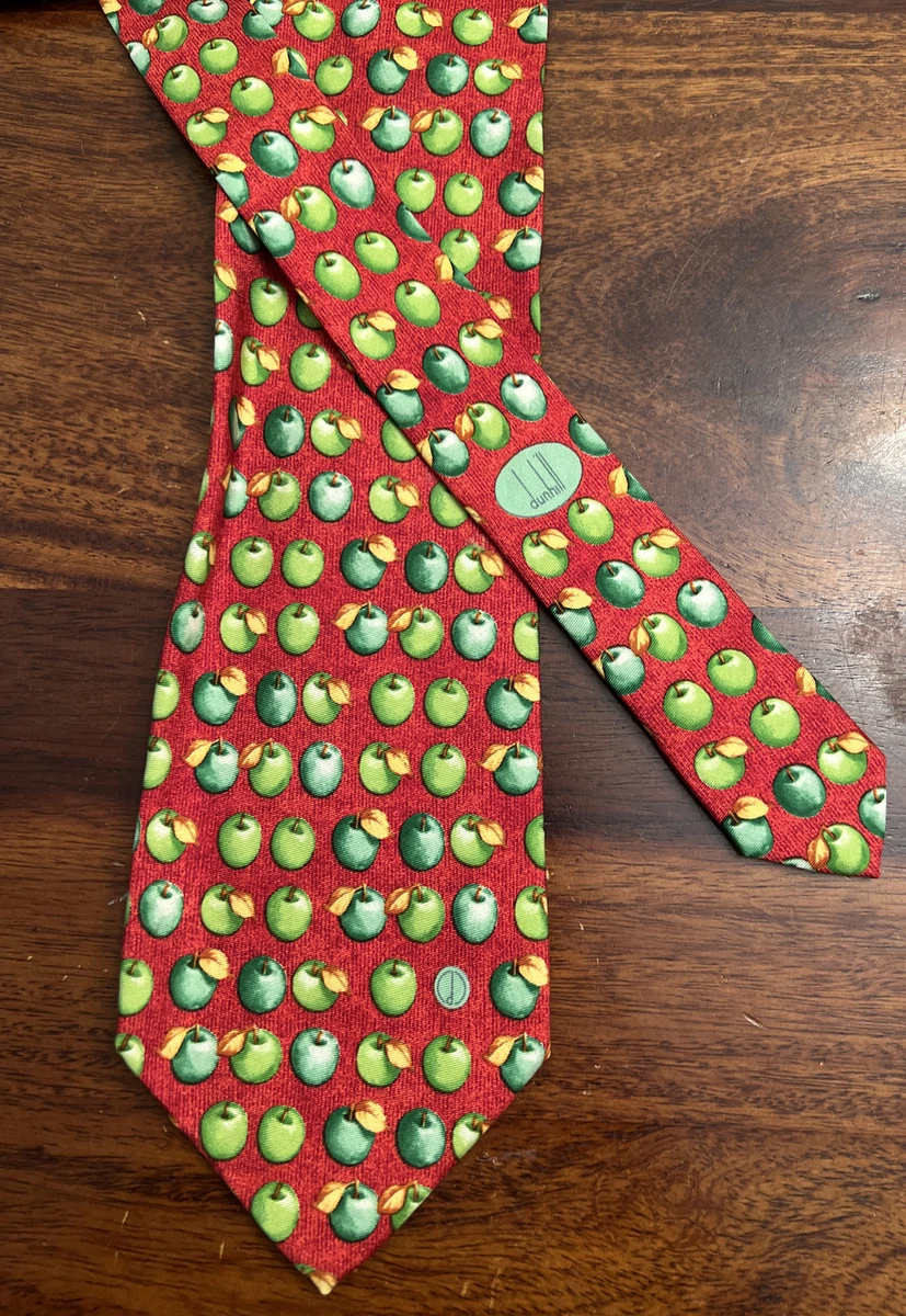 DUNHILL Tie Red With Green Apples Leaves 100 Silk Made in Italy TL