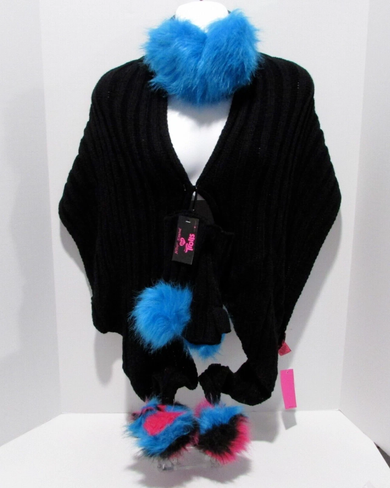 Betsey Johnson Knit Scarf Wrap Pompoms Black Gloves Earmuffs Set Trolls NWT