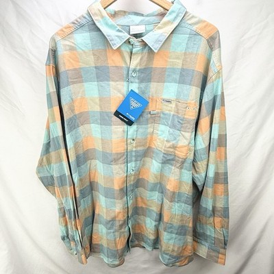 Columbia PFG Flannel Shirt Slack Tide Button-Up Shirt XXL Blue Orange Omni-Wick