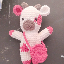 Handmade Crochet Plush Cow Stuffed Animal Toy w/ Pink Bag, Small 6-14 in