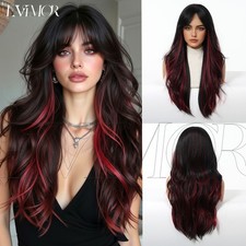 Women Highlight Ombre Middle Part Long Wave Wig Heat Resistant Synthetic Hair