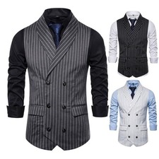 Striped Men's Dress Vests Shawl Lapel Double Breasted Formal Business Waistcoats