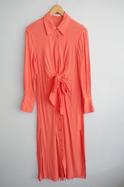 Sheike Shirt Dress Womens 8 Coral Midi Long Sleeve Waist Tie Slit Modern Office