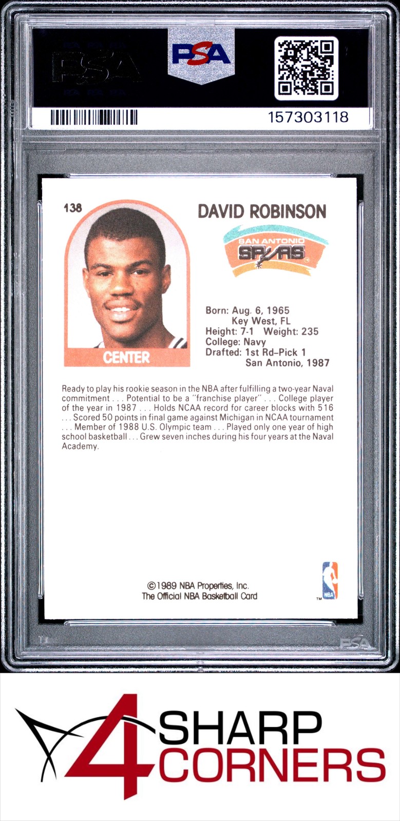 1989 HOOPS #138 DAVID ROBINSON RC SPURS HOF PSA 10 view 2