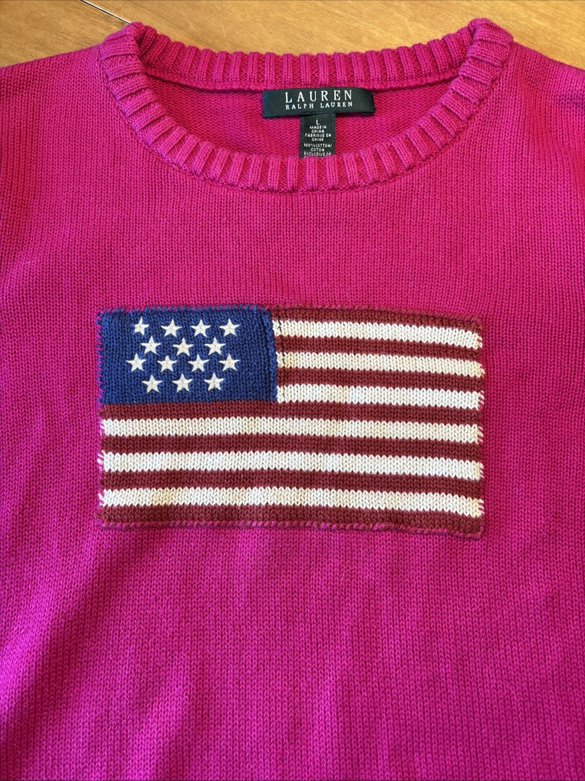 161 Polo Ralph Lauren Sweater Knit Jumper Hot Pink USA Flag Cotton L RARE