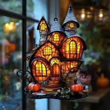 Spooky Mansion Acrylic Suncatcher Faux Stained Glass Haunted House Pumpkin