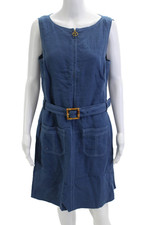 Tory Burch Womens Overall Dress Blue Linen Sleeveless Short Buckle Size 10