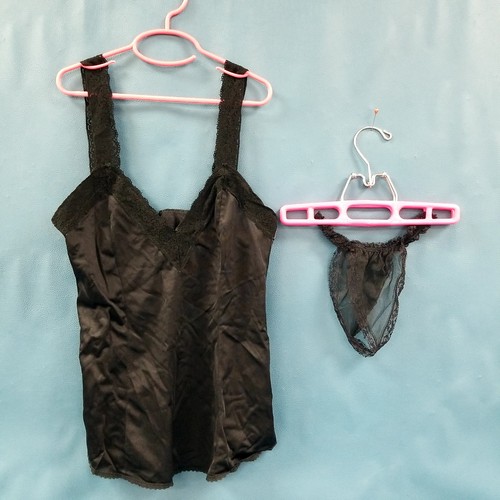 VTG Black Sateen & Lace Trim Lingerie Set w/Tank & Thong Size 34