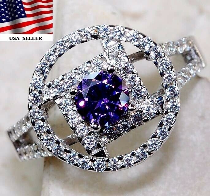  2CT Amethyst 925 Solid Sterling Silver Ring Jewelry Sz 9 &5-5