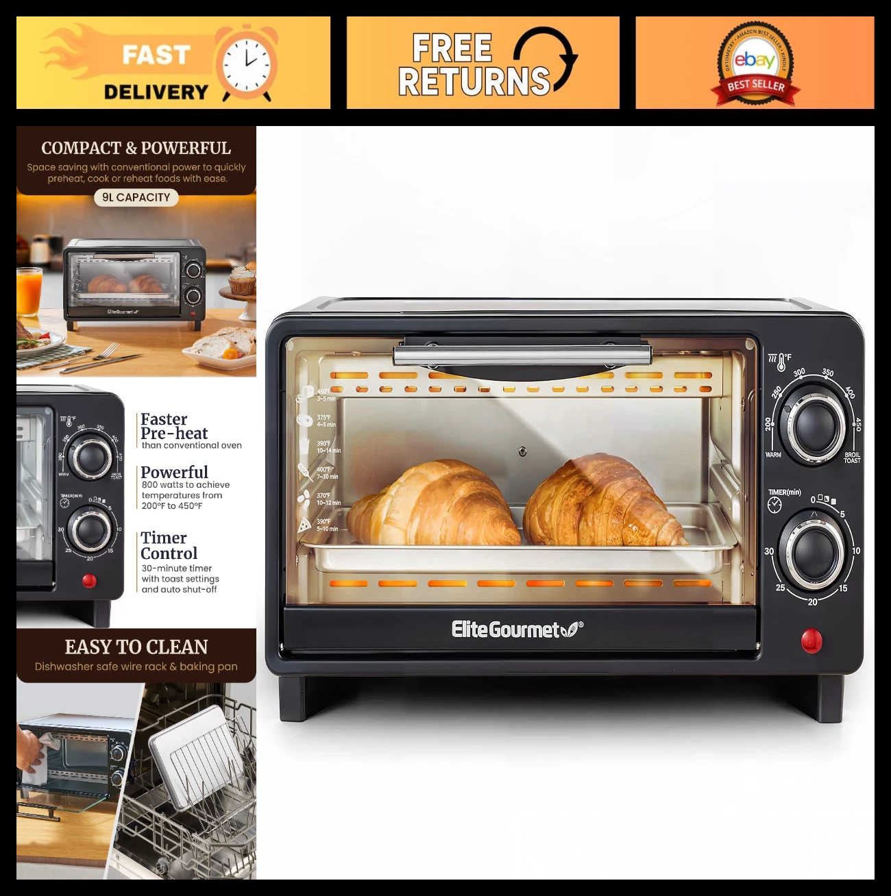 9L Countertop Toaster Oven, 4 Slice, Adjustable Temp, 30-Min Timer, Bake/Broil/T
