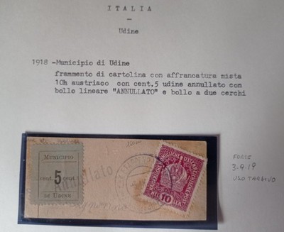 Udine City Hall 1918 Fragment With Double Postage. 