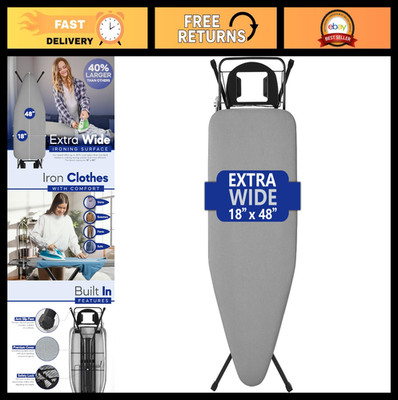 Extra-Wide Ironing Board 48''x18'' with Hanger & Cord Holder, Adjustable Height, H