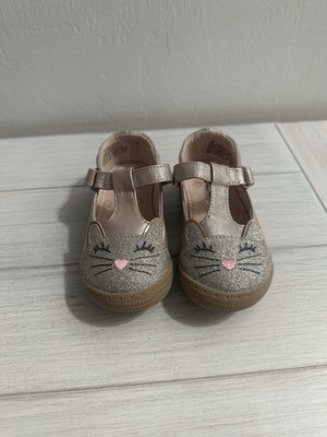 Cat & Jack Girls Mary Jane Cat Face Glitter Pink Silver Casual Shoes Hook & Loop