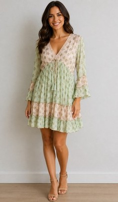 Ananta L/XL Tiered Dress Pink Mint Gold Tassels Whimsigoth Boho Fairy Celestial