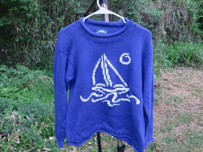 VTG 90s Rey Wear Hand Knit  Sweater SAILBOAT OCEAN Roll Neck Bolivia
