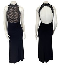 XSCAPE Lace Open Back Gown Long Maxi Dress Side Slits Black 2 Prom Wedding Guest