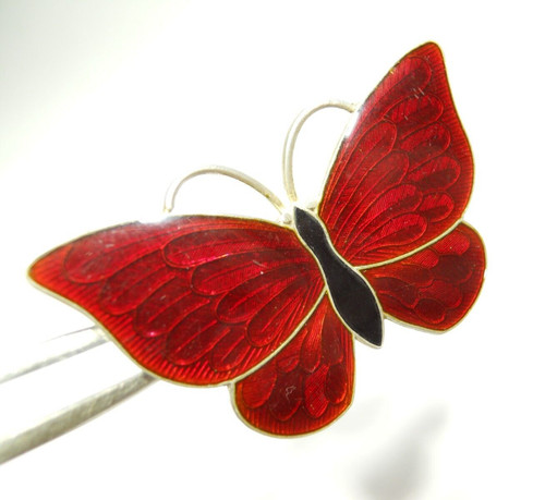 VOLMER BAHNER DENMARK RED ENAMEL BUTTERFLY STERLING SILVER 925 BROOCH PIN .