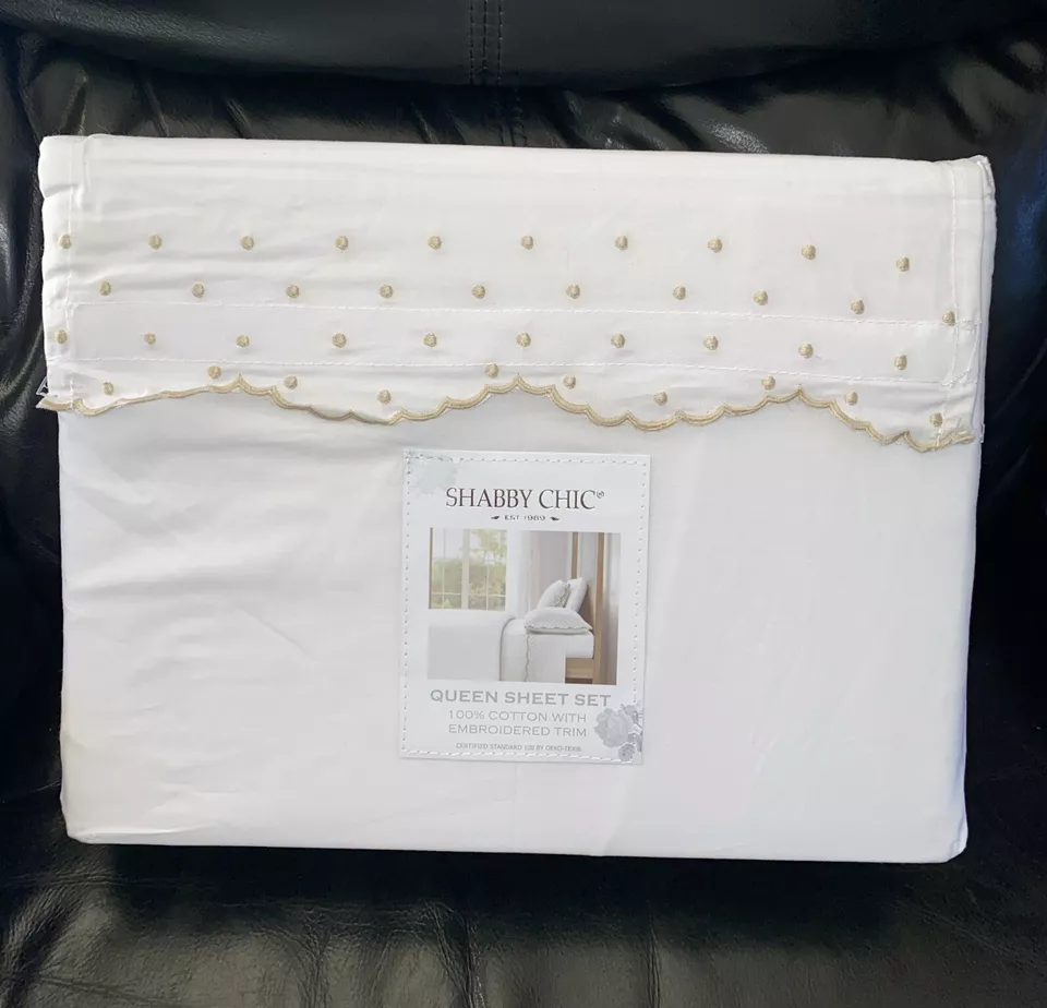 Shabby Chic White Cotton Enbroidered Scallop Dot Natural QUEEN Sheet Set 4pc - Image 2 of 4