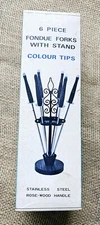 New Vintage 1970s Fondue Set, 6 Forks Color Tips, & Stand Japan DK 1430