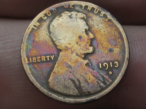 1913 D Lincoln Cent Wheat Penny- Good Details, Toned