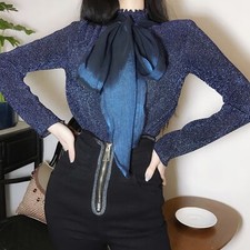Mujeres Dama Pajarita Camisetas Blusa Brillante Pullover Prendas para el torso Brillo Volantes Calce Ajustado