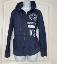 Victoria Secret VSX Sport Womens Full Zip Hooded Medium Jacket Blue Logo Fleece