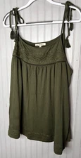 Indigo Threads Co Womens TOP 2X Boho Olive Green Embroidered Tassled Cool