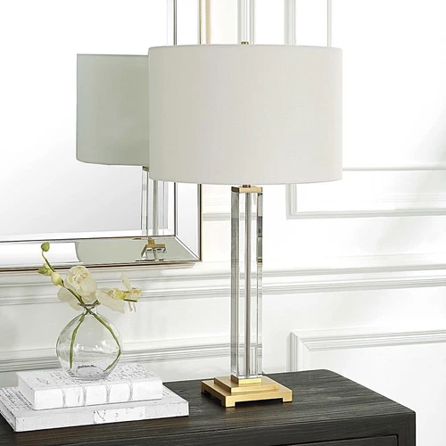 Upscale Minimalist Classic Crystal Column Table Lamp 28 in Square Clear Gold - Picture 5 of 6