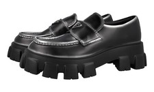 PRADA CHOCOLATE MONOLITH LOAFER SHOES 2DE129 BLACK/SILVER LEATHER NEW