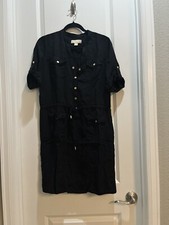 Michael Kors Utility Shirtdress Roll tab Sleeve Drawstrings Front Medium Black