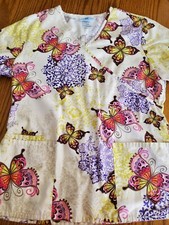 Sb Scrub Top Small  EUC  Beige With Multicolored Butterfiles